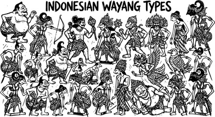 Fototapeta premium Indonesian Wayang Types Black and White Line Art Illustration - Cultural Tradition