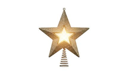 Obraz premium Glowing gold glitter christmas tree topper star ornament with a spiral wire base isolated against a solid black background