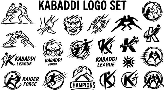 Kabaddi Sport Logo Set Black and White Vector Icons and Glyphs for Team, League, and Championship Branding Design