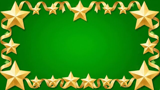Festive Green Background with Golden Stars and Ribbons for Holiday Celebrations and Event Overlays