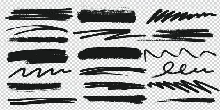 Set of hand drawn black brush strokes and scribble lines on with brush stroke graphic element scribble abstract isolated background transparent charcoal creative illustration collection