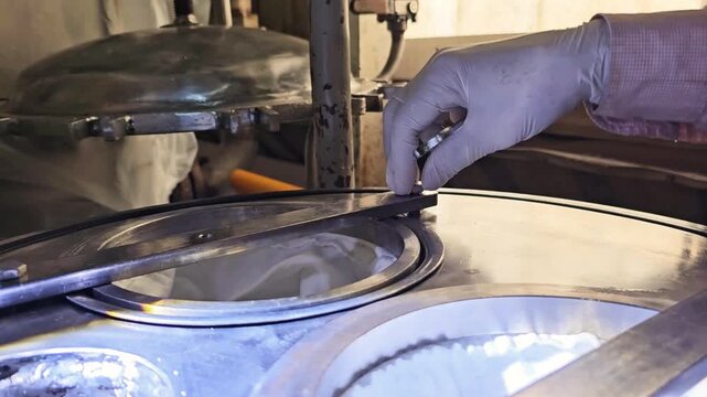 Close-Up video of Hand in Glove Unscrewing Nut on Food Industry Polish Filter.