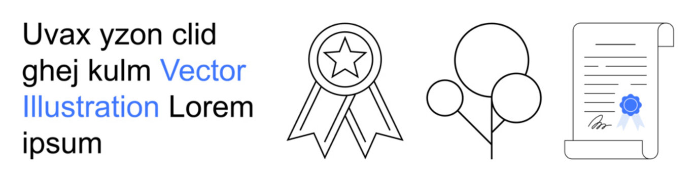 Achievement, certification, celebration, recognition, award, event. Minimalist design ribbon, balloons and certificate. Achievement and certification concept for events or recognition contexts