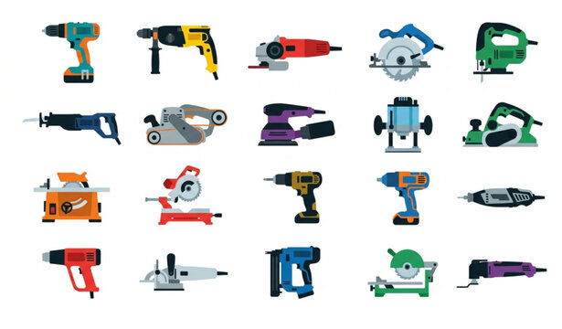 Minimal electric power tools collection flat vector illustration isolated construction design