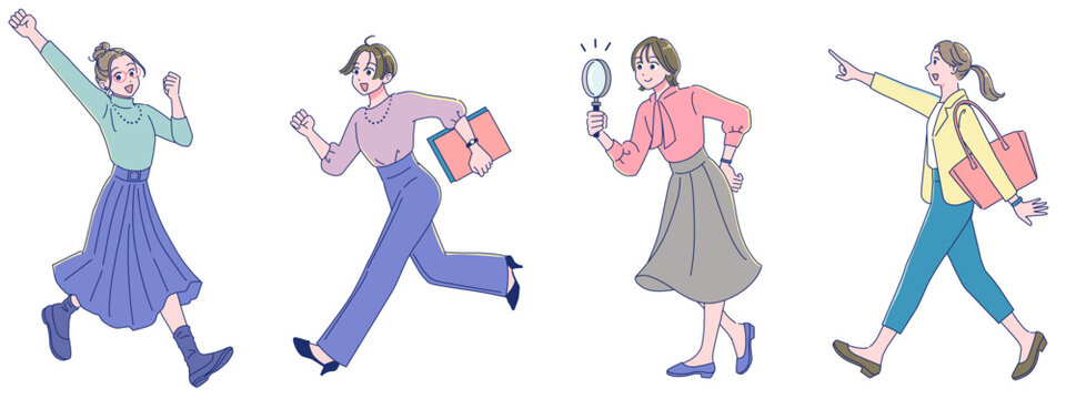 笑顔で歩く社会人女性たちのセット