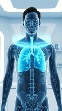 Futuristic Anatomical Visualization Of Male Figure Highlighting Skeletal And Respiratory Systems In A Modern Medical Facility