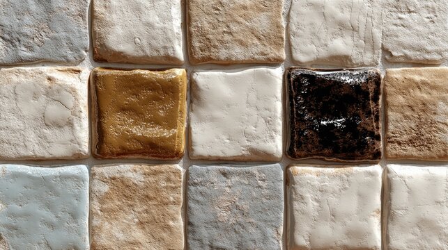 Handmade ceramic tile texture, imperfect glaze surface, cream color squares, rustic pottery wall background, glossy finish 