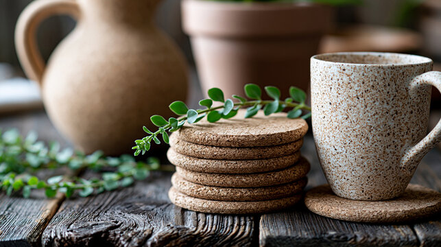 Set of handmade cork coasters arranged on a dark rustic wooden table, natural texture home decor, DIY craft project, earthy tones still life, with copy space