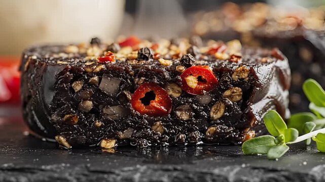 Delicious Black Pudding with Chili and Herbs on Slate.
