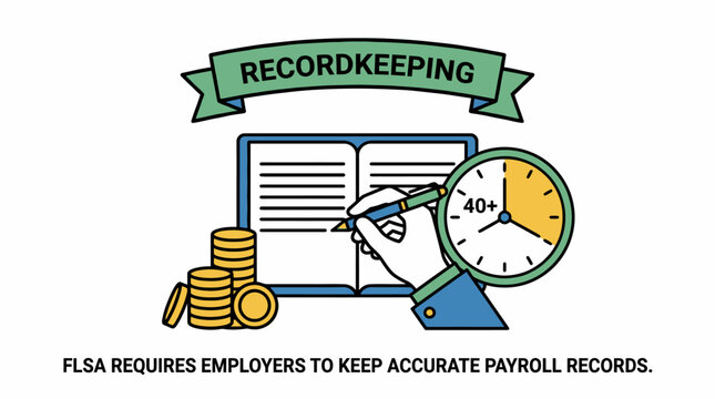 FLSA recordkeeping concept with hand writing in a payroll book, coins, and clock. Vector illustration for employer compliance, accurate tracking, and labor law, isolated on white background.
