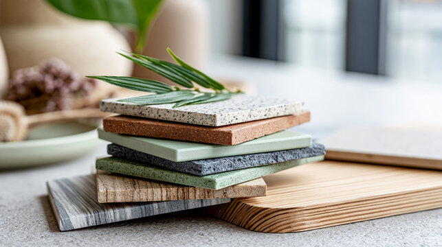 Assorted earthy tone tile samples on a smooth surface, DIY home renovation planning, interior design blog concept, decor mood board, with copy space
