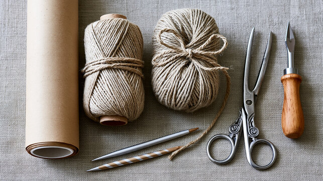 Crafting essentials flat lay with kraft paper roll, rustic twine, vintage scissors and packaging tools on a neutral linen background, DIY gift wrapping concept, with copy space