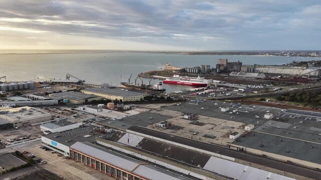 Industrial area in North Geelong town of Victoria around commercial harbour port &ndash; aerial view.