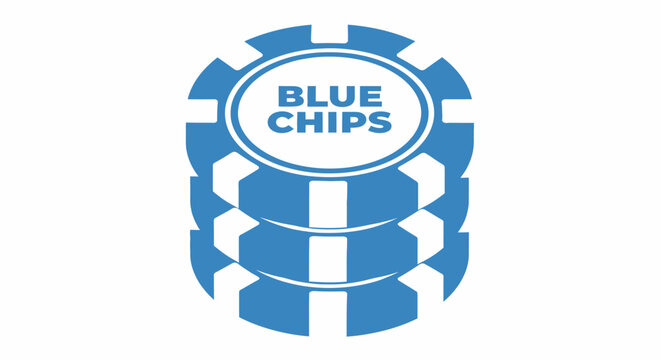 A stack of blue casino chips with "BLUE CHIPS" text. Vector illustration representing high-value stock market investment, finance, or gambling concept. Isolated on white background.