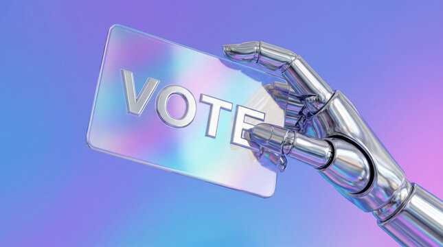 Robotic hand holding vote card in y2k holographic style, AI election and digital democracy concept. 