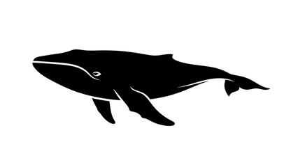 Fototapeta premium Black silhouette of a whale swimming. Minimalist vector illustration of a humpback or blue whale, isolated on white background. Perfect for marine life, ocean, and nature themes.