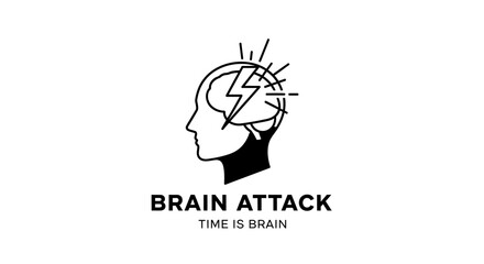 Brain attack awareness logo with a lightning bolt striking a human head. Stroke concept illustration featuring the text "TIME IS BRAIN." Black and white minimalist vector, isolated on white. © Hafiz