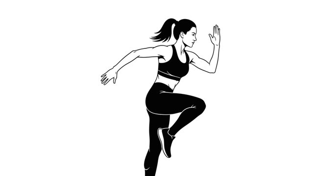 Black and white vector illustration of a fit woman running or sprinting. Minimalist line art of a female athlete in sportswear exercising, isolated on a white background. Great for fitness themes.