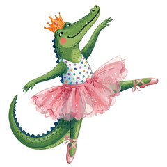 Fototapeta premium Adorable ballerina crocodile wearing pink tutu, polka dot top. Whimsical dancing crocodile character for kids design. Funny alligator ballerina dancing in ballet attire. Little ballet princess