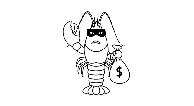 Cartoon Lobster Bandit Holding Money Bag, Robber Crustacean with Mask and Claw