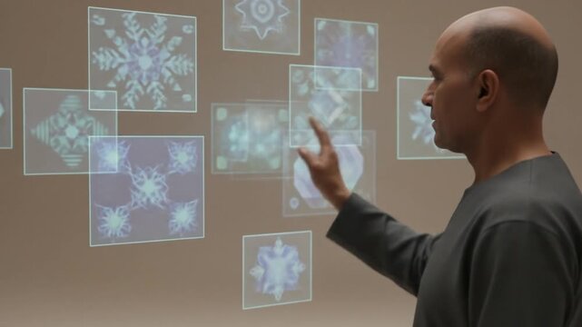 A man in a grey tunic interacts with a futuristic holographic display of geometric snowflake patterns, touching and swiping panels that glow upon contact in a minimalist setting.
