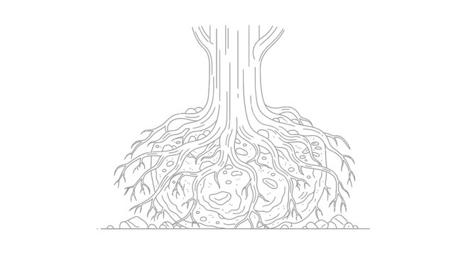Detailed illustration of a tree's strong, exposed root system anchoring into the soil with rocks.
