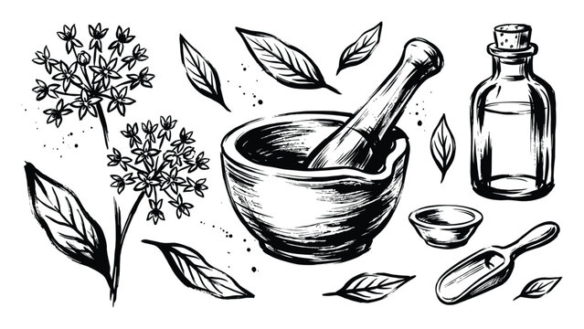Apothecary herb mortar and pestle collection with glass vials