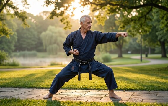 Senior man practicing disciplined martial arts in a sunlit park, showcasing strength and focus