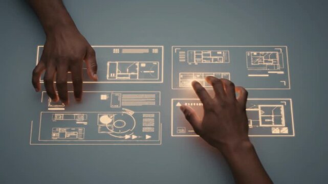 Hands interact with a high-tech glowing interface, manipulating holographic blueprints and data on a flat surface. This highlights futuristic architectural design and interactive technology.