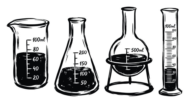 Glass laboratory beakers and flasks with liquid measurements