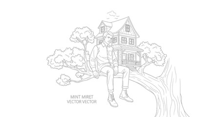 Naklejka premium Man sitting on tree branch with house in background, conceptual illustration