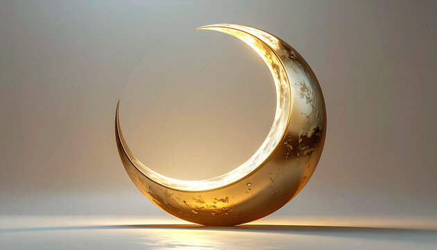 Golden crescent moon sculpture with warm lighting and metallic texture