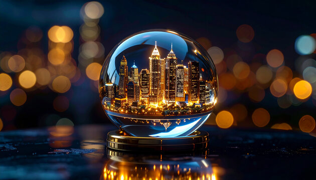 Glass globe with city skyline at night with bokeh lights