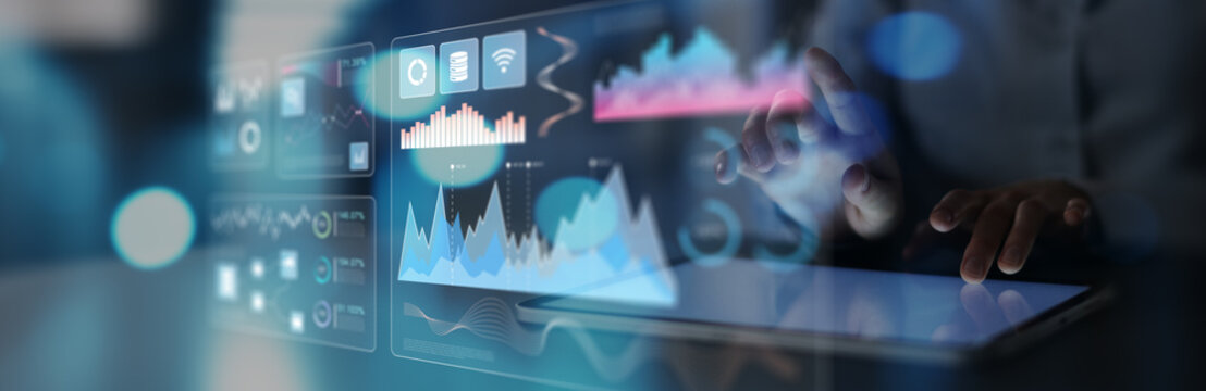 Business Data Analysis and Performance Metrics Dashboard on Digital Screen.