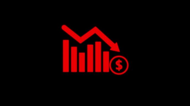 Business loss falling down with dollar icon, financial graph chart. black background. Motion graphics of concept. animation