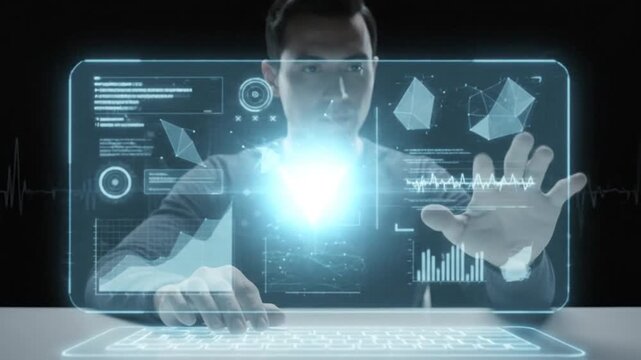 A man interacts with a futuristic holographic display, typing on a glowing keyboard and gesturing to manipulate complex data and 3D models in a dark, high-tech environment.