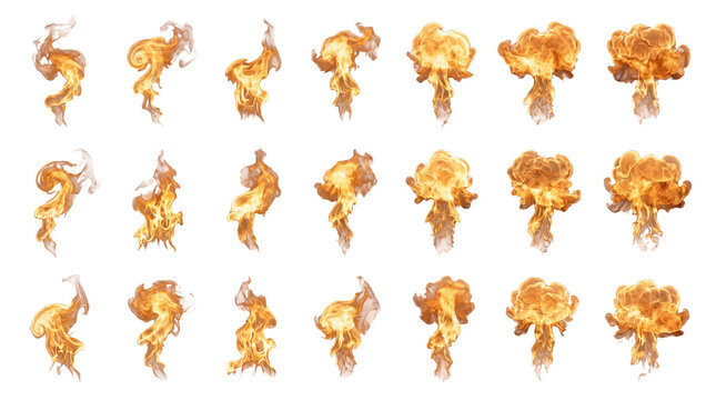 Explosive fire blast sprite sheet with 21 frames, realistic fireball animation sequence, orange flame burst collection for visual effects isolated PNG with Transparent Background