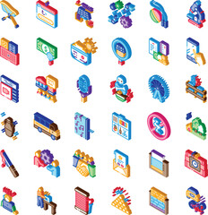 Obraz premium Collection of colorful isometric icons illustrating various concepts including business, technology, finance, science, industry, transport, medical, and education themes on a white background
