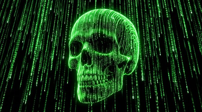 Glowing green skull made of binary code on dark background with falling digital data