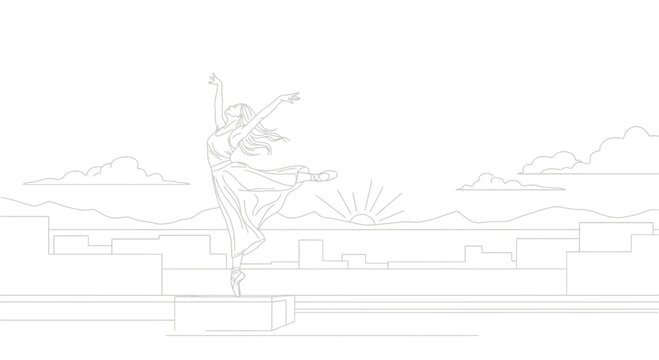 Ballerina dancing on rooftop at sunrise over city skyline, graceful movement