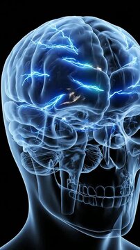 Illuminated Human Skull with Brain Visualization Depicting Electrical Activity in High-Tech Medical and Neuroscience Concept