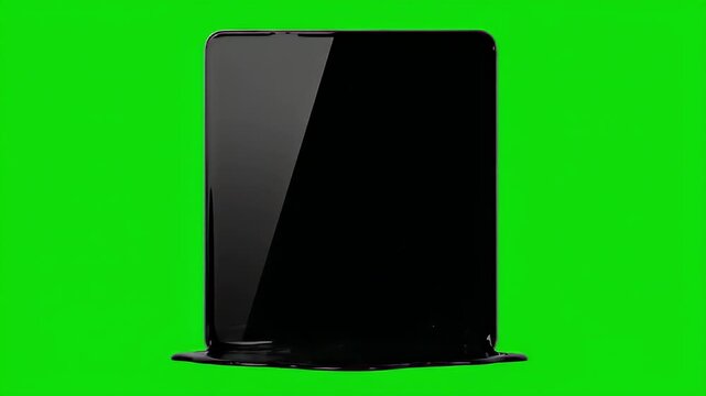 A sleek black tablet or e-reader with a reflective screen stands upright on a dark base against a vibrant green screen background, ready for chroma key editing.