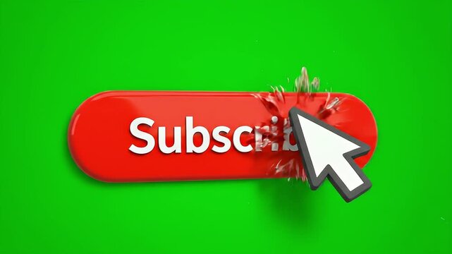 A mouse cursor clicking a red subscribe button with a shattering effect on a green screen background.