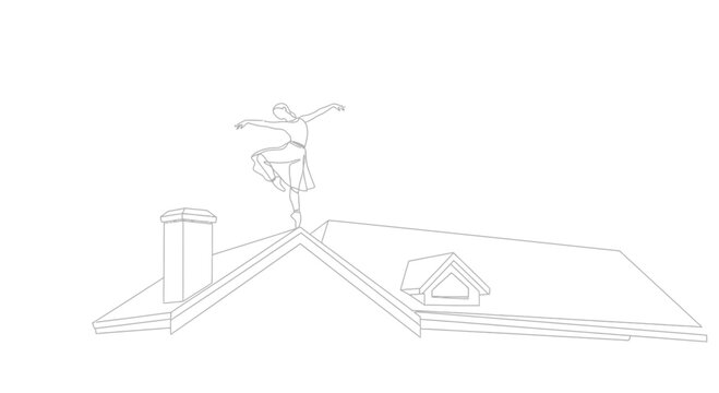 Ballet dancer performing on a house roof with chimney and dormer window