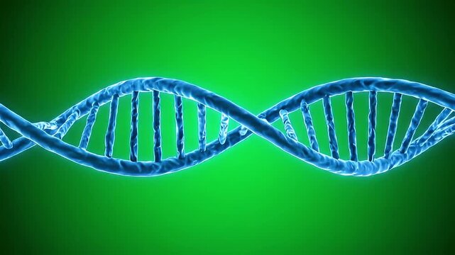 Blue DNA double helix structure against a vibrant green background, representing genetics and molecular biology.