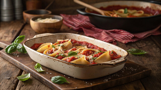Photorealistic baked ricotta stuffed pasta shells in rustic casserole on wooden table, warm oven light, editorial Italian horizontal composition