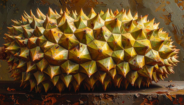 Close up of a spiky durian fruit with detailed texture and natural colors