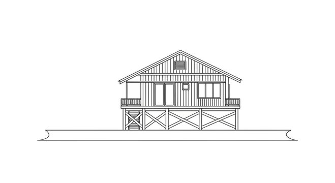 Architectural drawing of a stilted house with a porch and cross bracing