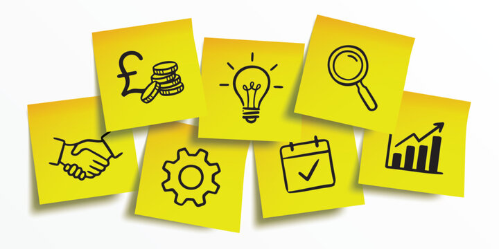 Yellow post it sticky notes with business icons for project planning and strategy, vector illustration.