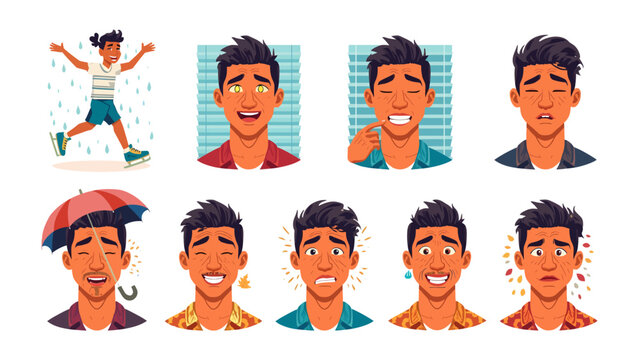 Diverse Emotions Collection: A dynamic illustration showcasing a young man's varied emotional spectrum, from joy in the rain to concern under an umbrella, capturing the complexity of human feeling.